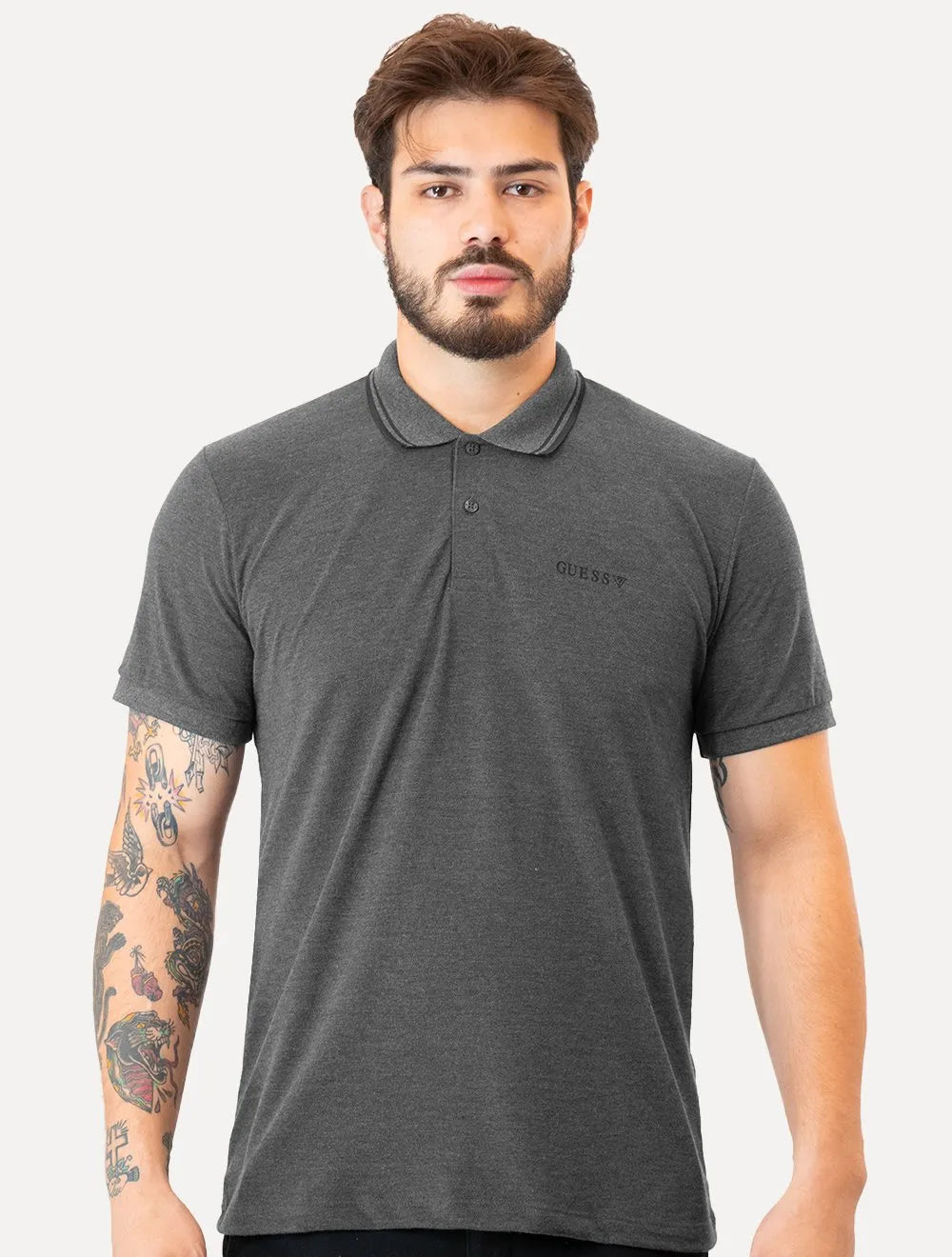 Polo Guess Masculina Piquet Bordado Friso Gola Cinza Escuro Mescla