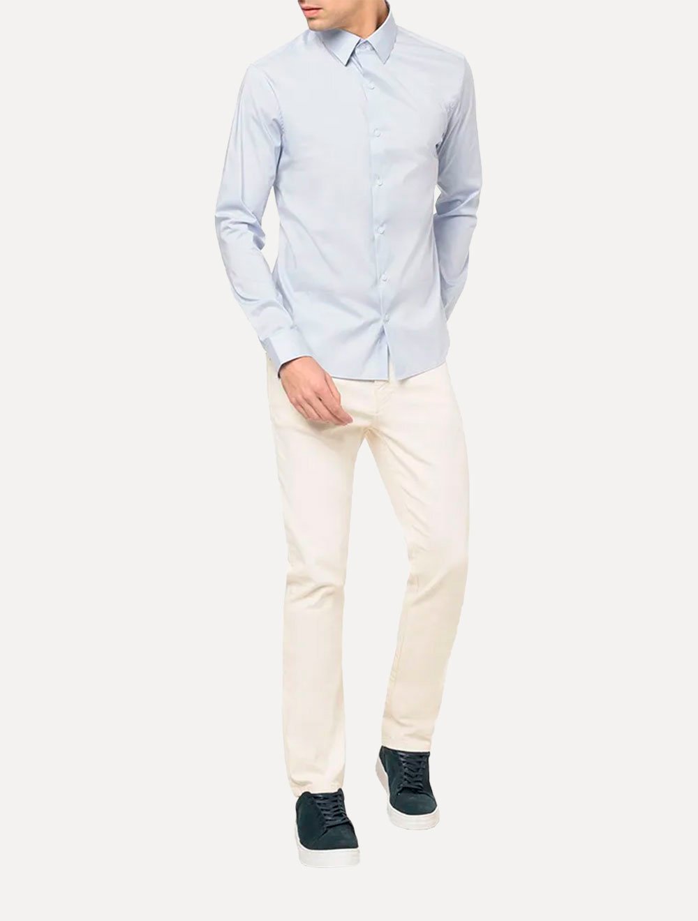 Camisa Calvin Klein Masculina Slim Essential Basic Logo Azul Claro