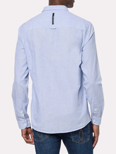 Camisa Calvin Klein Jeans Masculina Slim Listrada Silk Logo Azul Médio