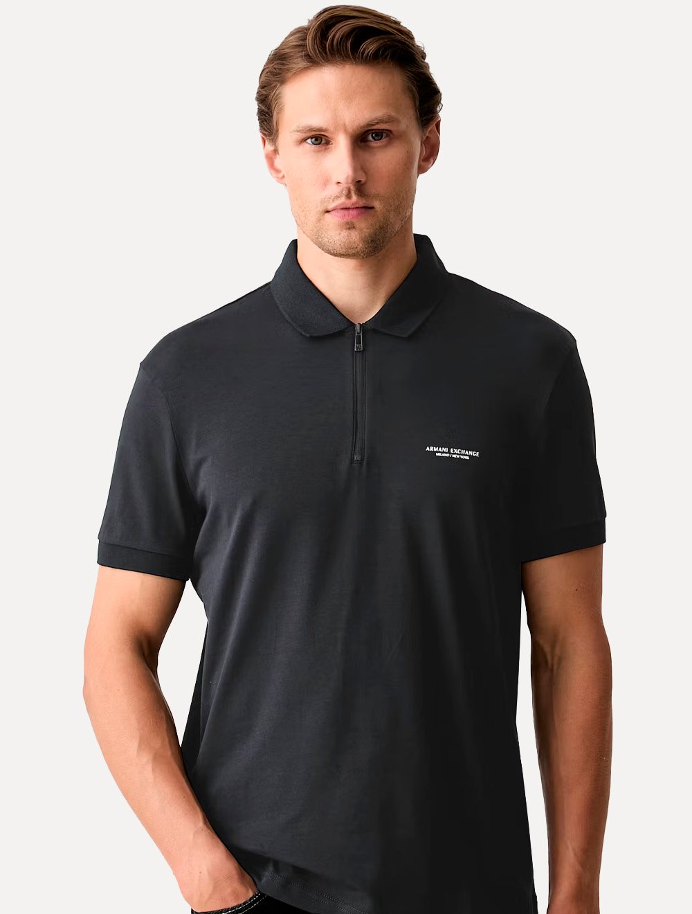 Camisa Polo Armani Exchange Slim Fit Malha de Algodão Half Zip Azul Marinho