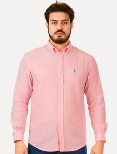 Camisa Ralph Lauren Masculina Linho Blue Icon Rosa Claro Mescla
