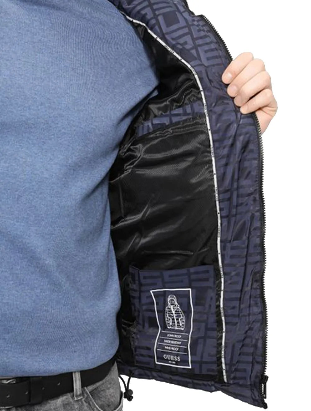 Jaqueta Guess Masculina Hoodie Allover Logo Puffer Azul Marinho