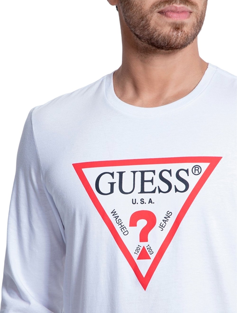 Camiseta Guess Masculina Manga Longa Logo Print Branca