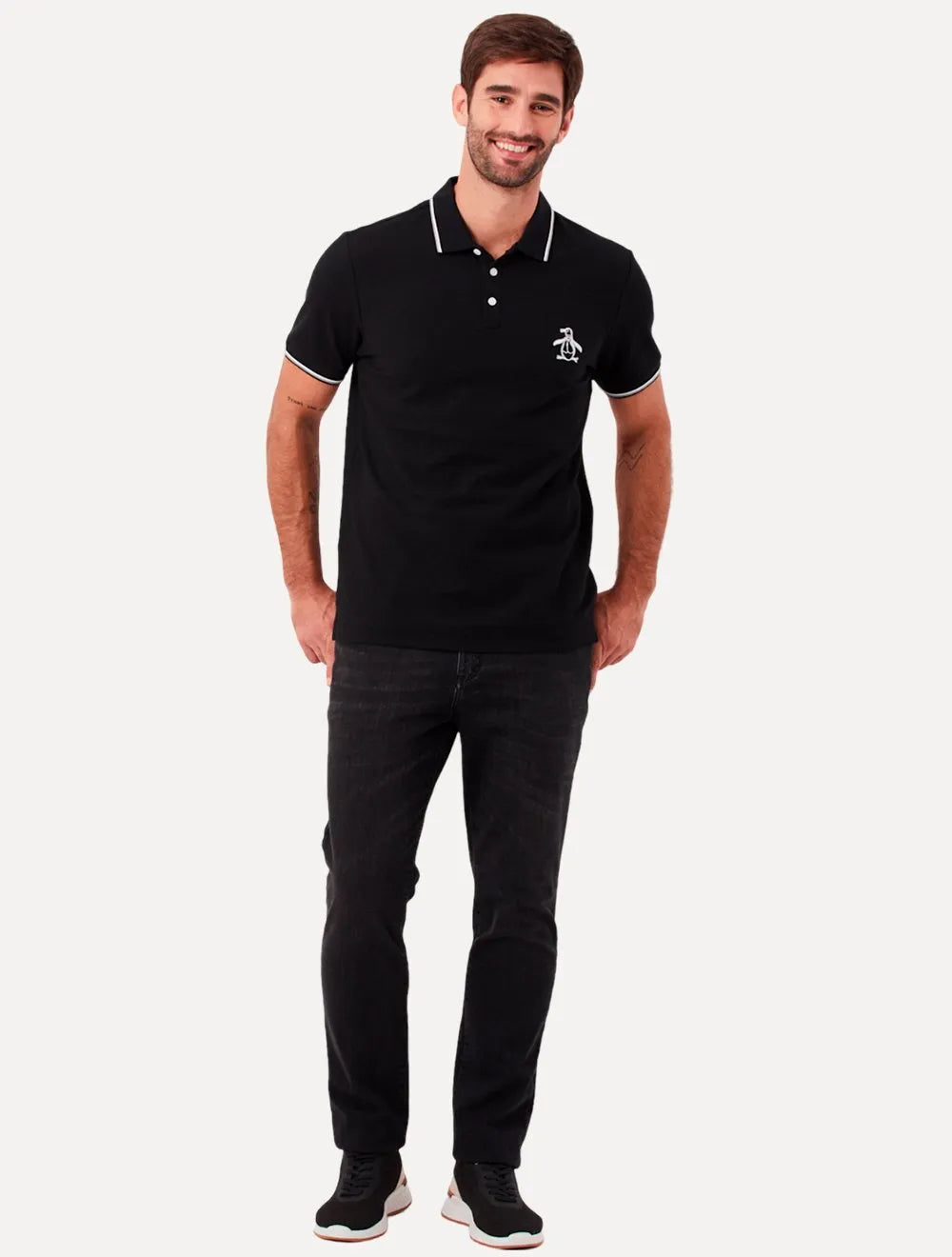 Polo Original Penguin Masculina Piquet Lisa Friso Mega Patch Preta