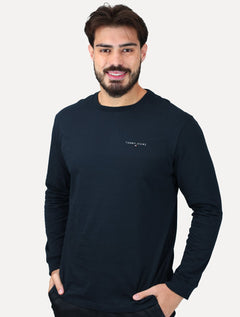 Camiseta Tommy Jeans Masculina Slim Manga Longa Linear Chest Azul Marinho