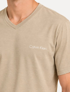 Camiseta Calvin Klein Swimwear Masculina V-Neck Slim Fit Logo Cáqui Claro