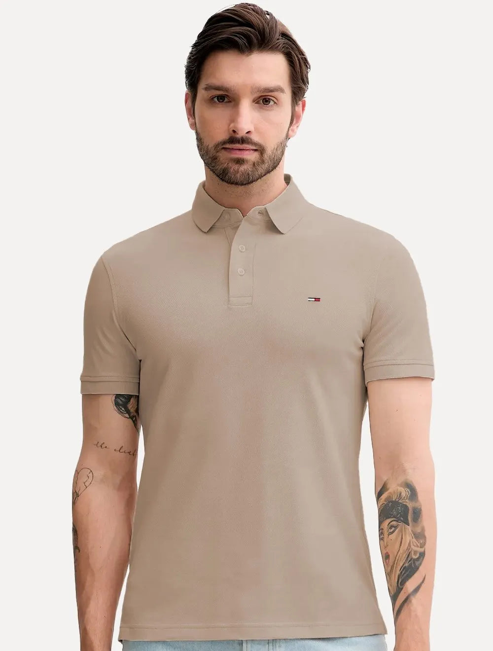 Polo Tommy Hilfiger Masculina Piquet Regular Placket Marrom Claro