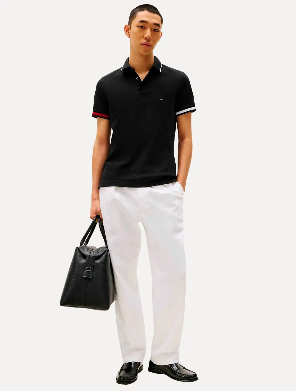 Polo Tommy Hilfiger Masculina Slim Piquet Flag Cuff Preto