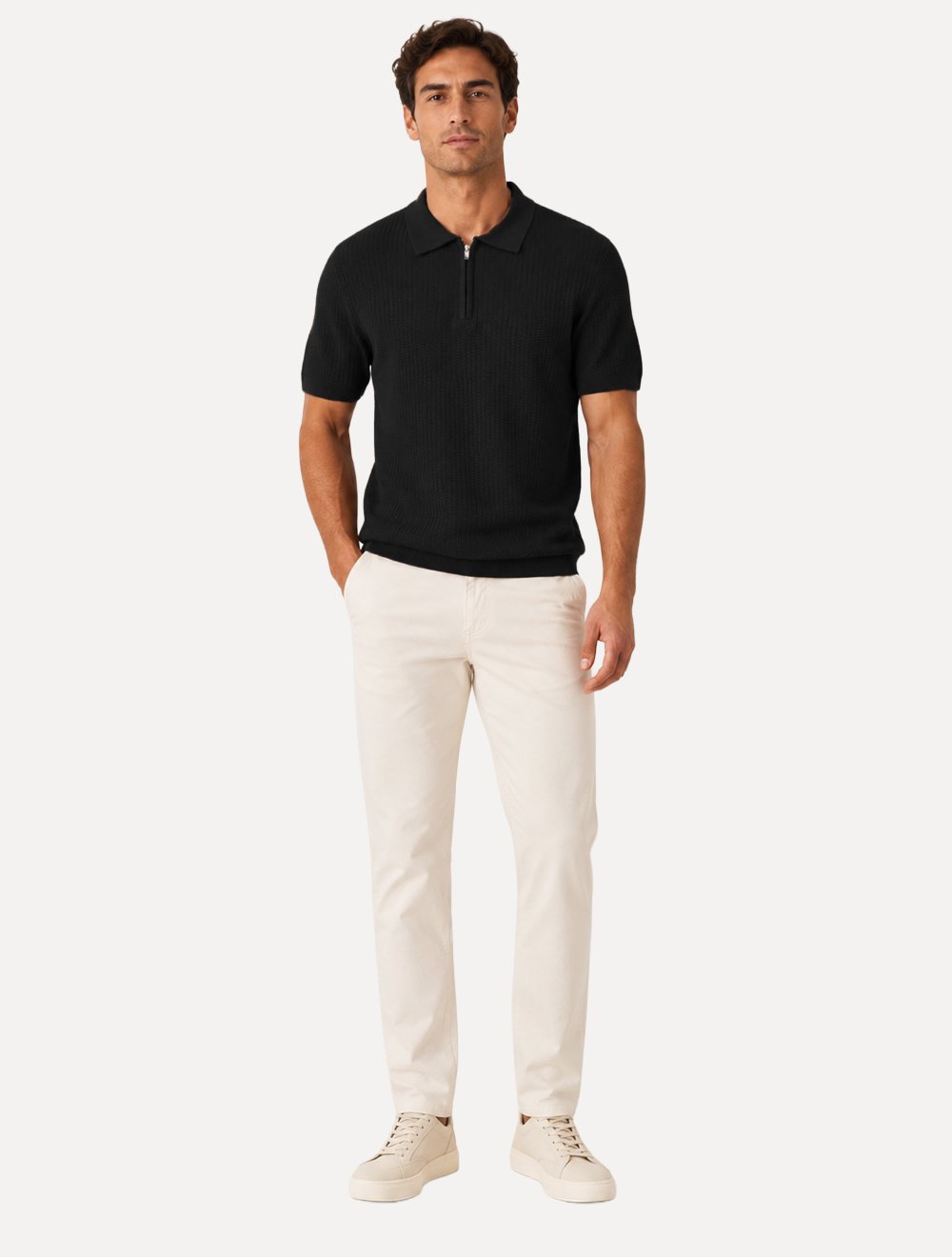 Polo Dixen Masculina Tricot Texturizada Manga Curta Ziper Preta