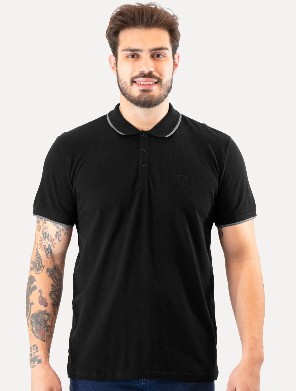 Polo Guess Masculina Piquet Dark Friso Bordado Preta