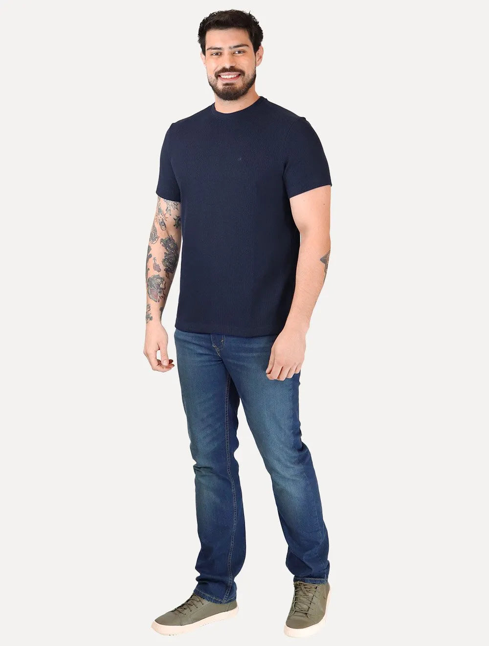 Camiseta Calvin Klein Masculina Canelada Mono Logo Azul Marinho