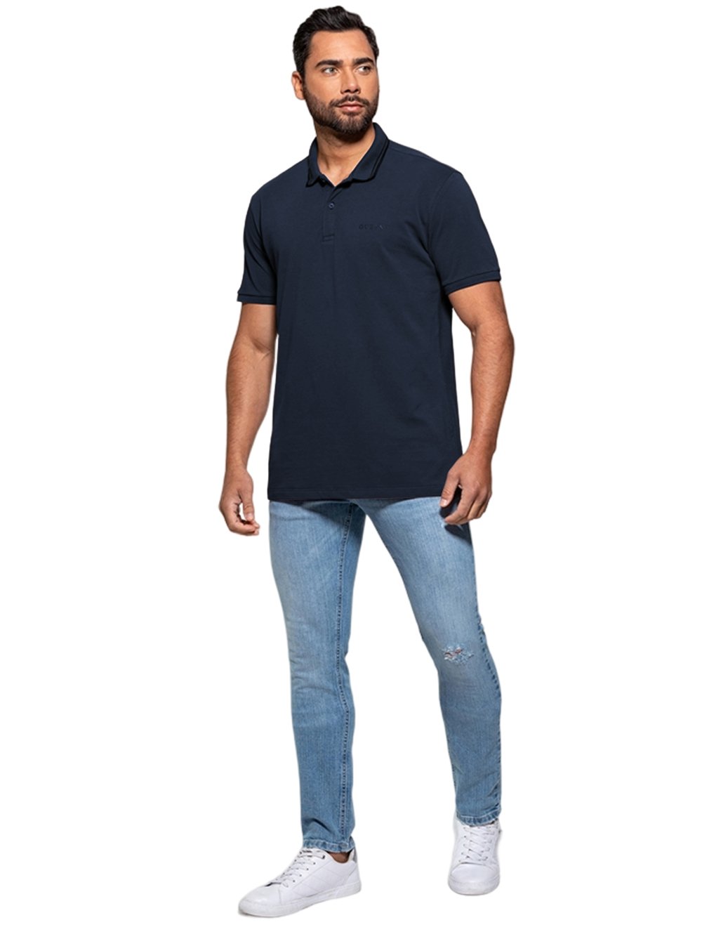 Polo Guess Masculina Piquet Silk Frisos Azul Escuro
