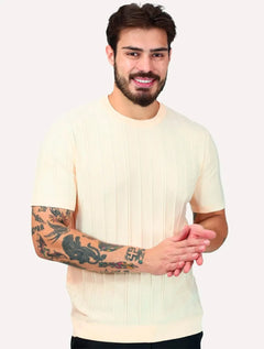 Camiseta Dixen Masculina Tricot Manga Curta Gola Careca Grande Textura Vertical Cinza