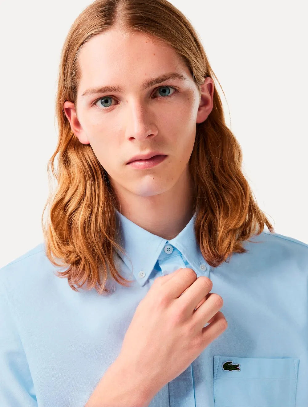 Camisa Lacoste Masculina Manga Curta Regular Oxford Pocket Azul Claro